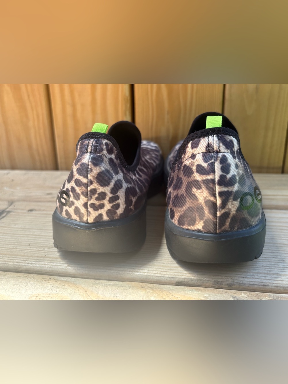 OOFOS Leopard Print Slip-On Shoes with Neon Green Insole - Picture 6 of 10